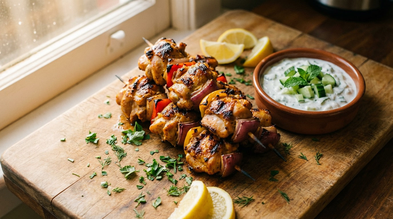 Chargrilled chicken skewers seasoned with Chooki's Zest Chicken Salt on a wooden board with herby yoghurt and lemon wedges