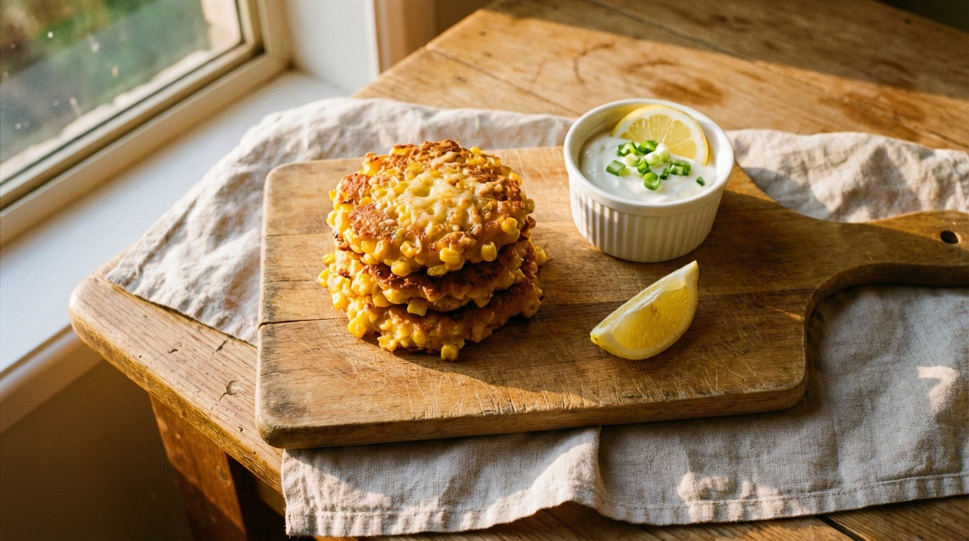 Golden crispy corn fritters stacked on a rustic wooden board with a sour cream dip seasoned with Chooki's Zest Chicken Salt