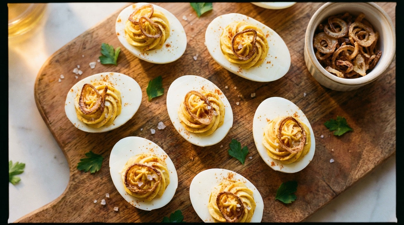 Devilled eggs filled with creamy Chooki Original Chicken Salt mixture topped with crispy fried shallots and paprika on a rustic wooden board