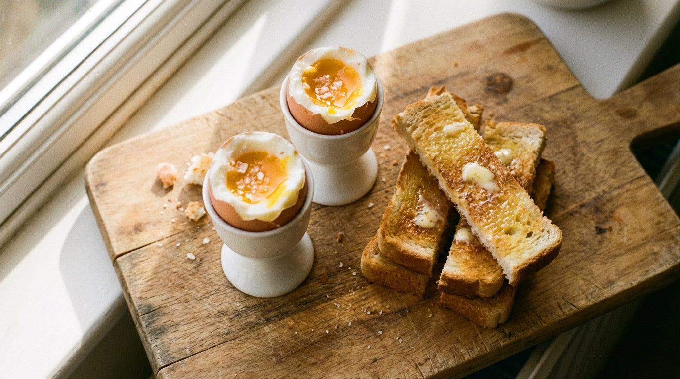 Soft-boiled dippy eggs in egg cups seasoned with Chooki Original Chicken Salt beside thick buttery toast soldiers on a wooden board