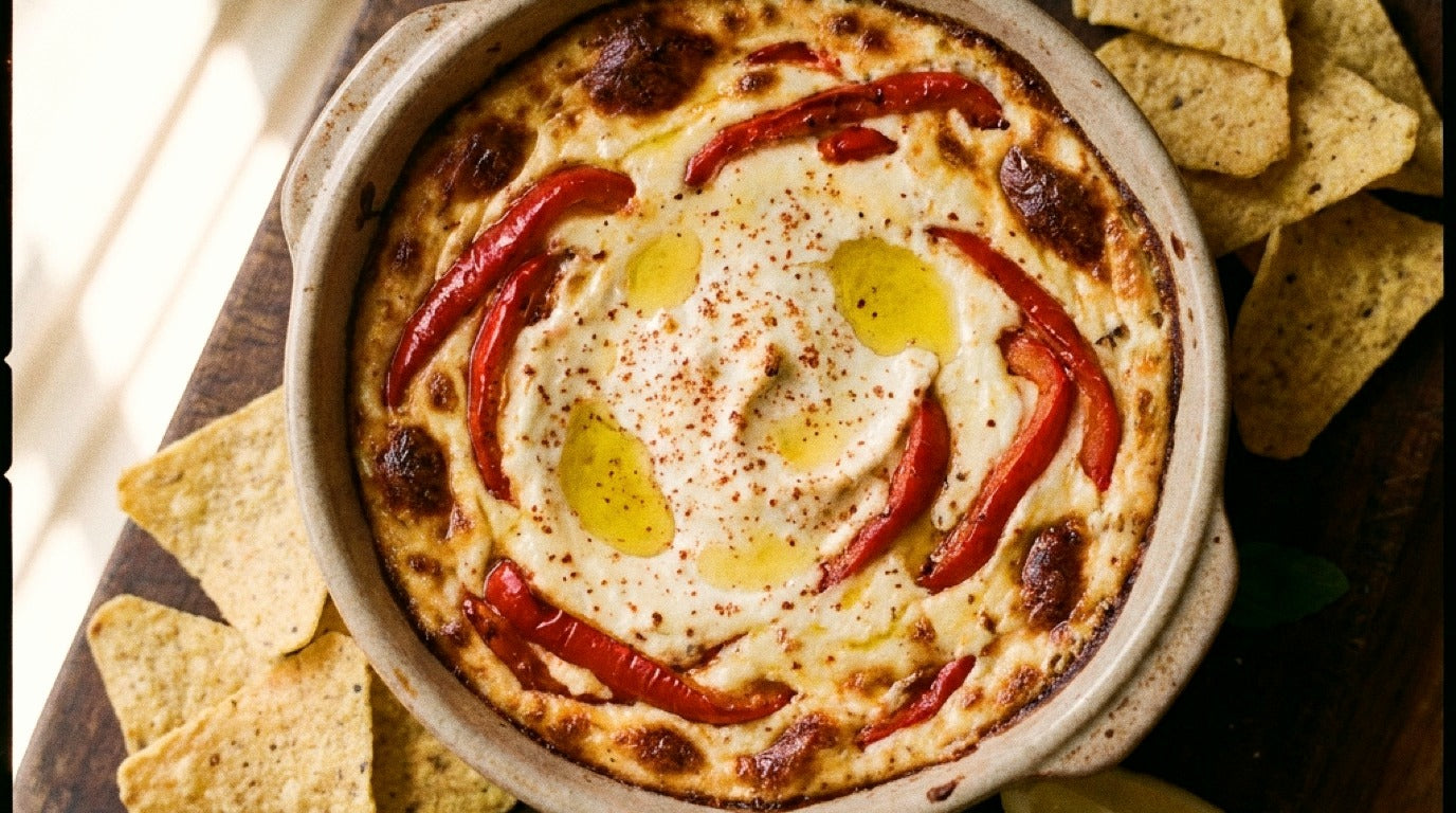 Baked ricotta dip with roast capsicum seasoned with Chooki's Chilli Chicken Salt and served with corn chips