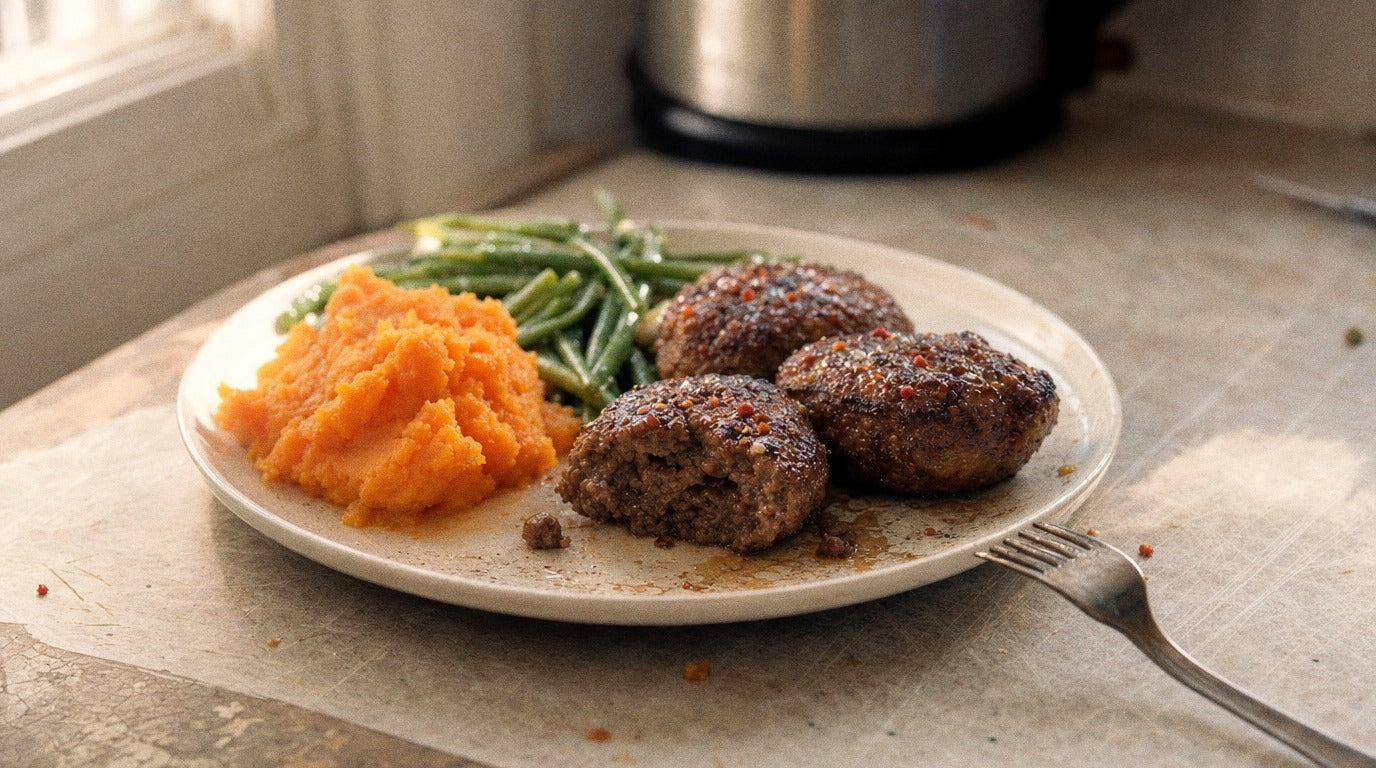 Beef rissoles with sweet potato mash seasoned with Chooki's Chilli Chicken Salt