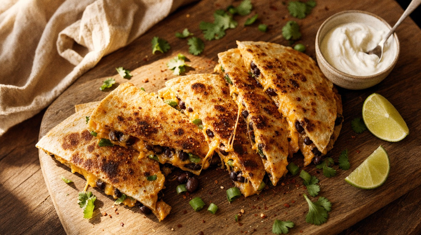 Golden quesadilla wedges filled with black beans and melted cheddar, seasoned with Chooki's Chilli Chicken Salt, on a wooden board with sour cream and lime