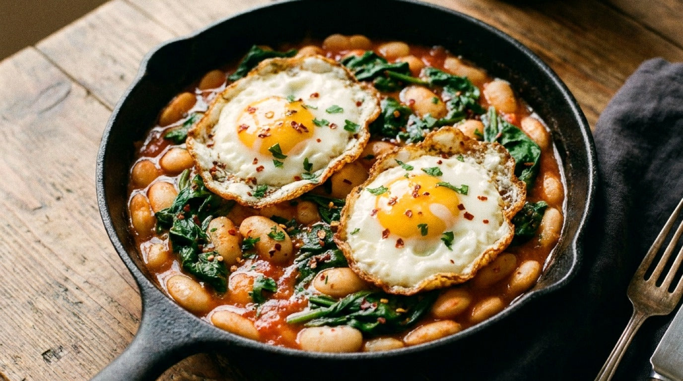 Butter bean skillet with fried eggs seasoned with Chooki's Chilli Chicken Salt