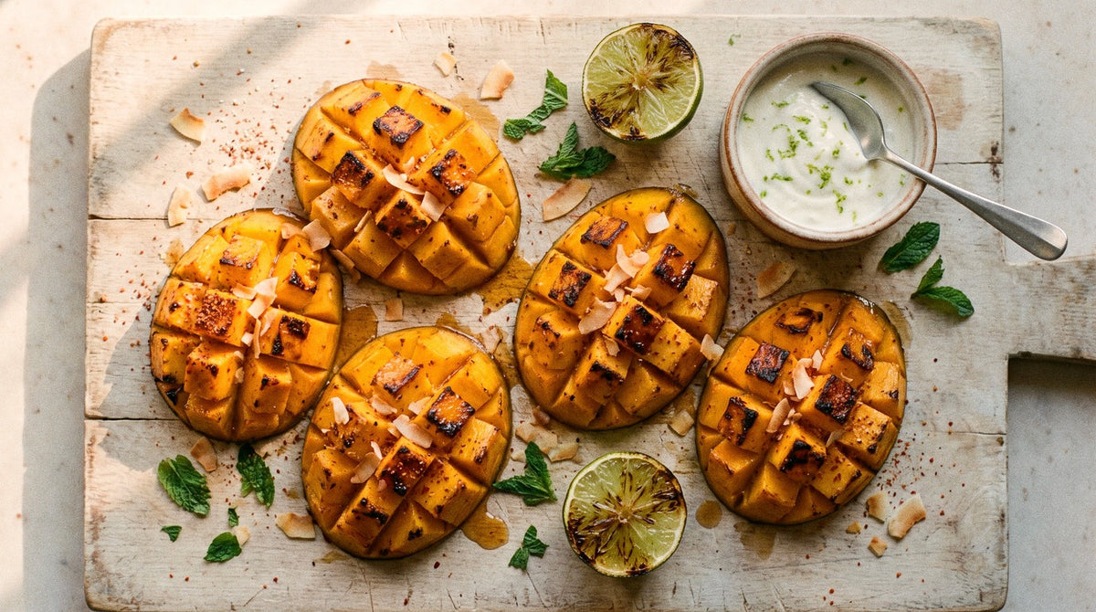 Charred mango cheeks scattered with Chooki's Chilli Chicken Salt on a wooden board with coconut lime yoghurt, toasted coconut and mint