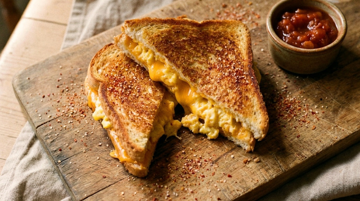 Chilli Salt Cheddar Egg Toastie with Chooki's Chilli Chicken Salt on a wooden board