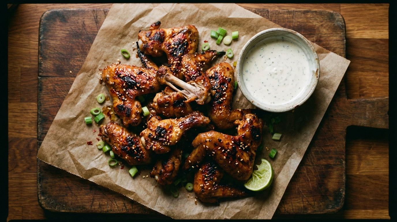 Sticky glazed chicken wings with chilli flakes and sesame seeds seasoned with Chooki's Chilli Chicken Salt