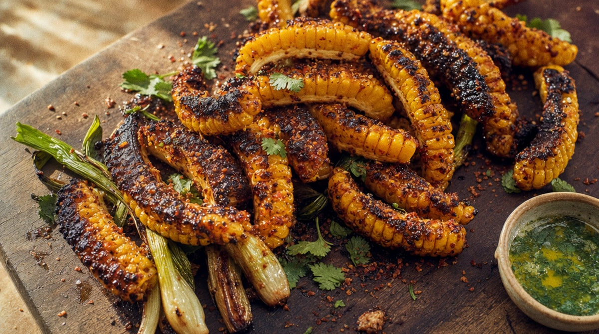 Charred corn ribs seasoned with Chooki's Chilli Chicken Salt on a wooden board with spring onion butter