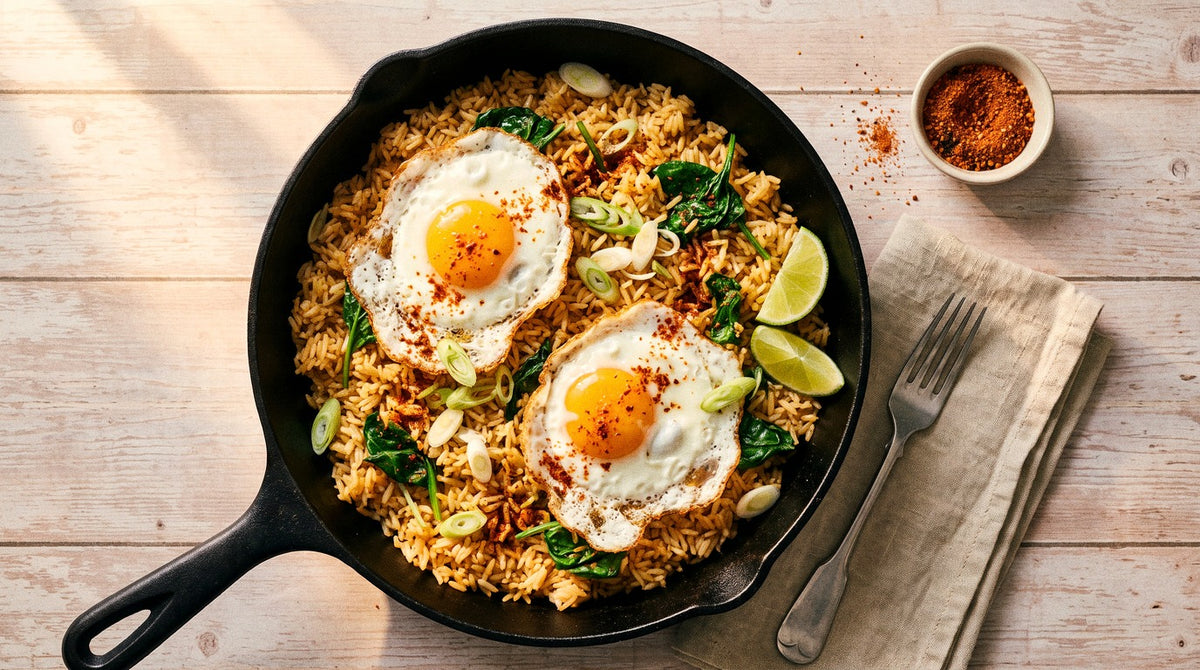 Crunchy pan-fried leftover rice topped with two fried eggs, spinach, spring onion and Chooki's Chilli Chicken Salt in a cast iron pan