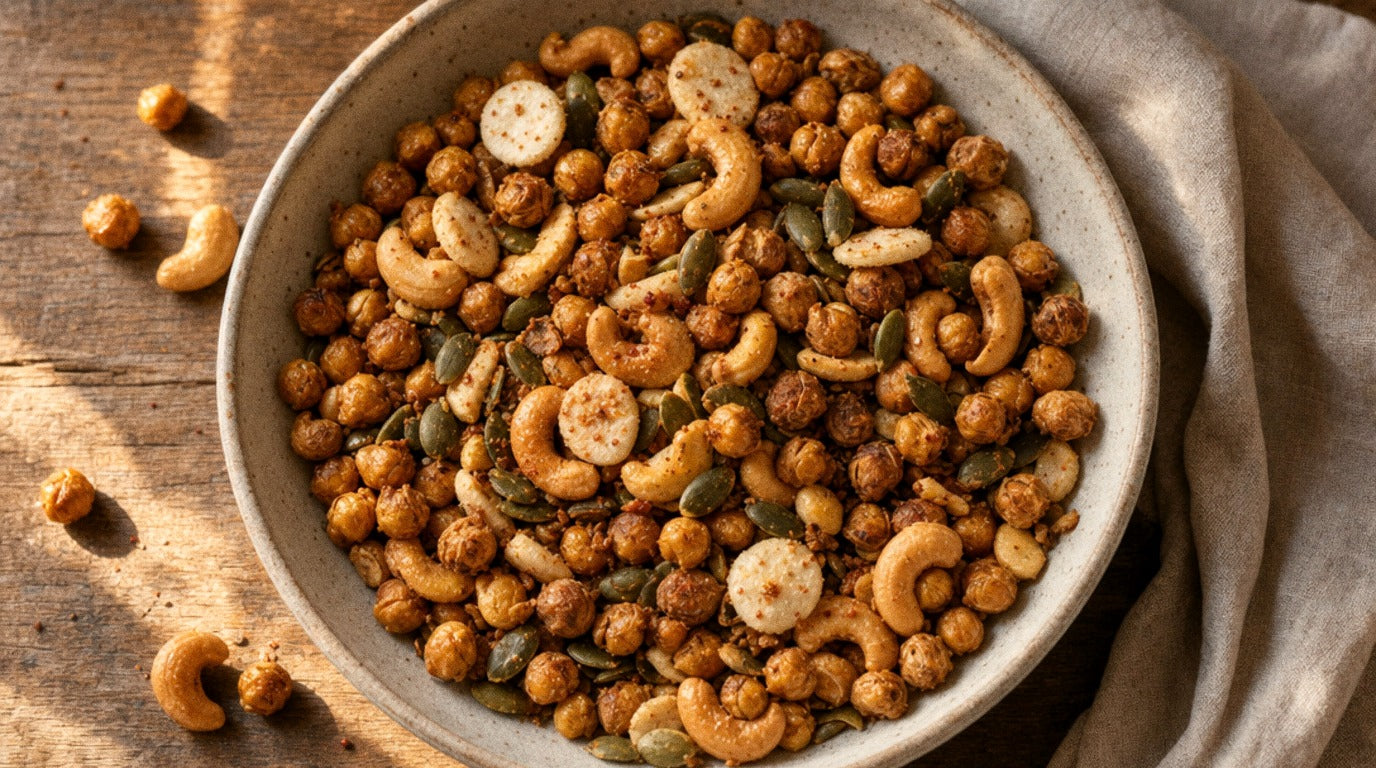 Bowl of crunchy snack mix with roasted chickpeas, cashews and pumpkin seeds seasoned with Chooki's Chilli Chicken Salt