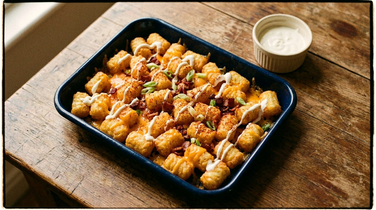 Loaded potato gems with melted cheddar, crispy bacon and Chooki's Chilli Chicken Salt in a dark baking tray