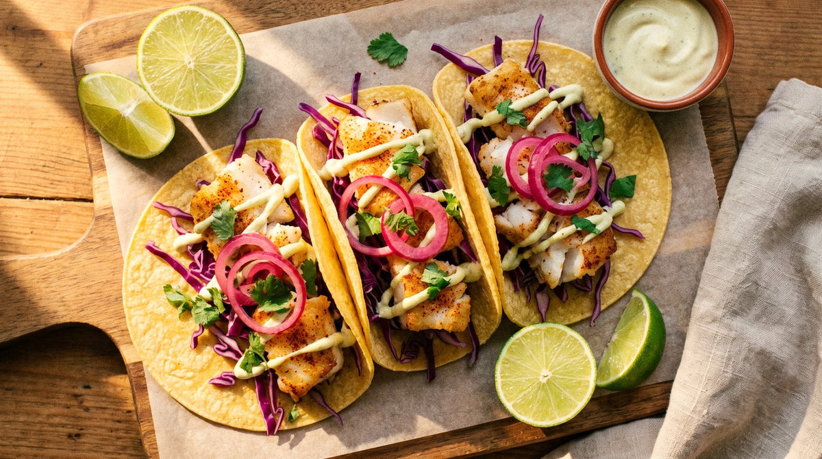 Corn tortilla tacos filled with crispy flathead seasoned with Chooki's Chilli Chicken Salt, red cabbage, lime pickled onions and coriander on a wooden board