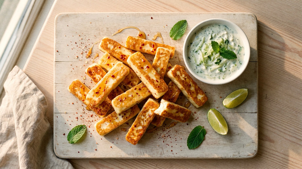 Crispy golden halloumi fries with Chooki's Chilli Chicken Salt and hot honey drizzle beside a cucumber mint yoghurt dip and lime wedges on a wooden board