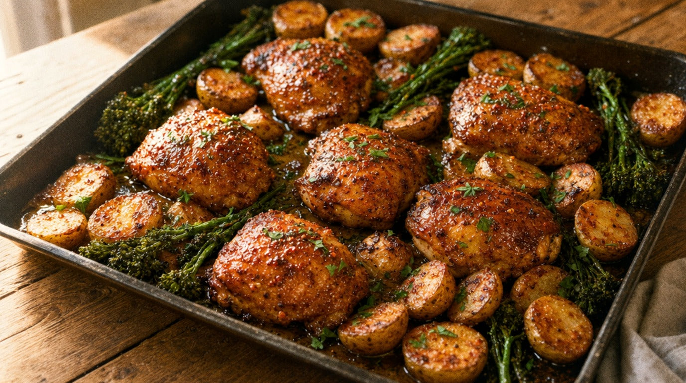 Honey butter chicken thighs and crispy baby potatoes with red chilli seasoning in a baking tray