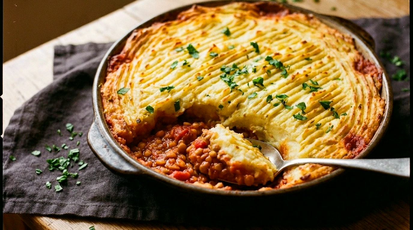 Lentil tray pie with crispy potato top seasoned with Chooki's Chilli Chicken Salt