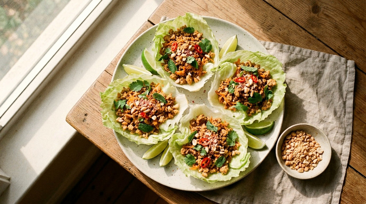 Pork mince lettuce cups topped with crushed peanuts, mint and chilli, seasoned with Chooki's Chilli Chicken Salt, on a speckled platter with lime wedges