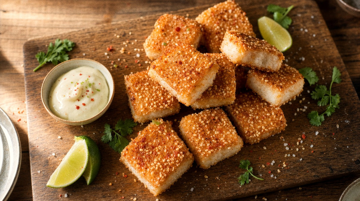 Golden sesame prawn toast bites seasoned with Chooki's Chilli Chicken Salt, served with lime mayo on a wooden board