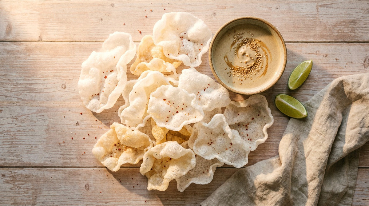 Puffed rice paper chips dusted with Chooki's Chilli Chicken Salt beside a bowl of creamy sesame dip and lime wedges on a wooden table