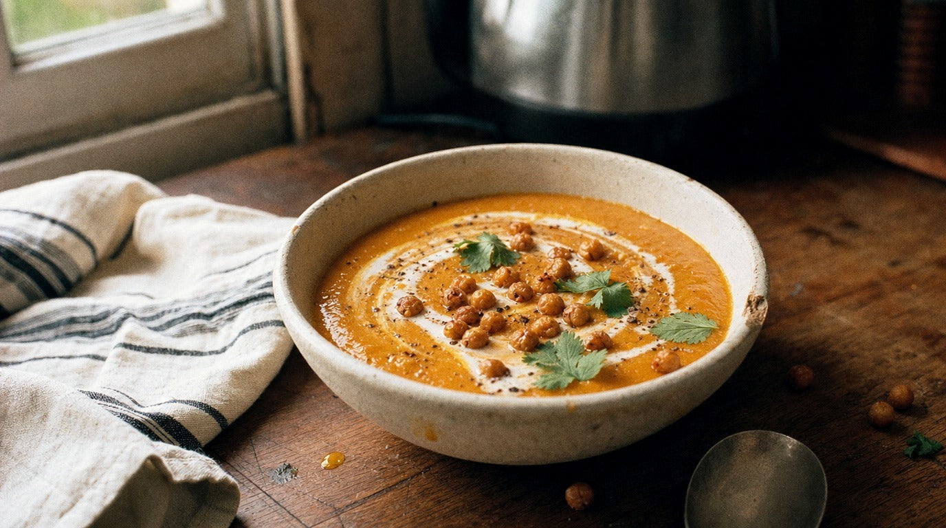 Chilli salt pumpkin soup with crispy chickpeas seasoned with Chooki's Chilli Chicken Salt