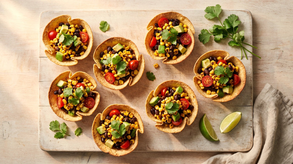 Crunchy corn tortilla cups filled with charred corn and black bean salsa, seasoned with Chooki's Chilli Chicken Salt, on a wooden board