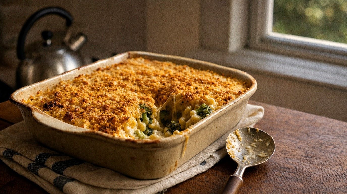 Cheesy broccoli macaroni bake with golden crust and original chicken salt - Chooki's Original Chicken Salt family recipe