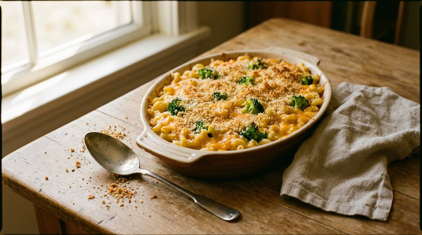Cheesy broccoli macaroni bake with golden breadcrumb topping seasoned with Chooki's Original Chicken Salt in a rustic baking dish