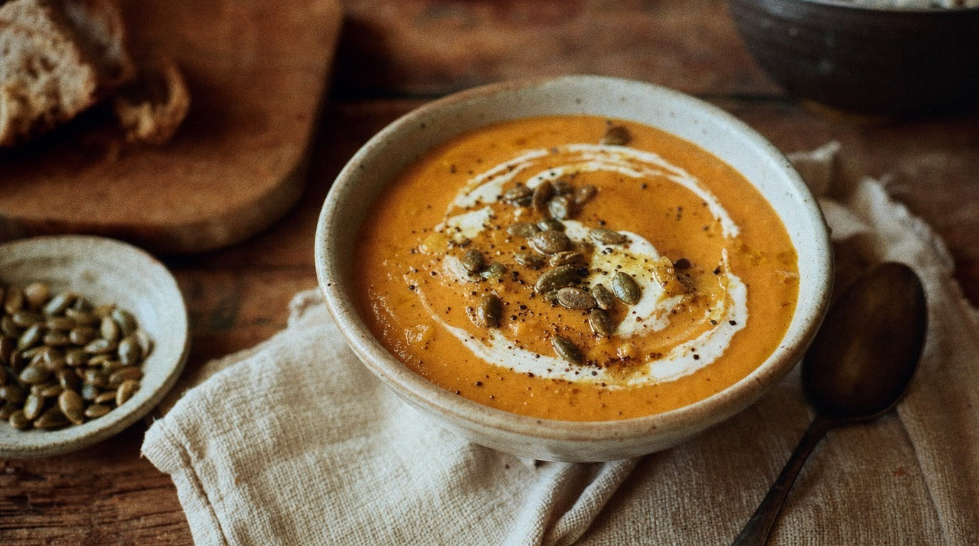 Creamy pumpkin soup with pepitas seasoned with Chooki's Vinegar Chicken Salt