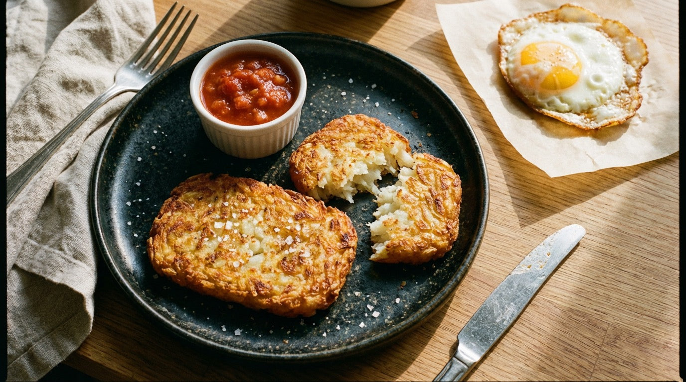 Golden crispy homemade hash browns seasoned with Chooki's Original Chicken Salt on a dark plate