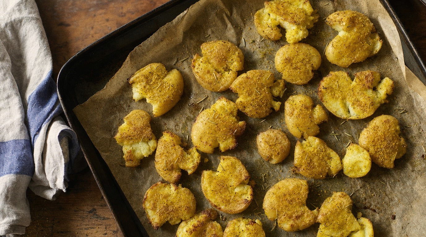 Crispy smashed potatoes with golden crackly edges and original chicken salt - Chooki's Original Chicken Salt recipe