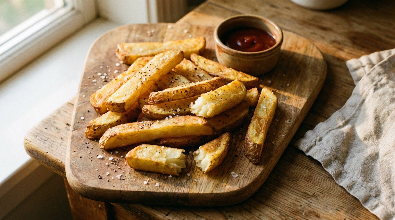 Golden skin-on chips dusted with Chooki's Original Chicken Salt