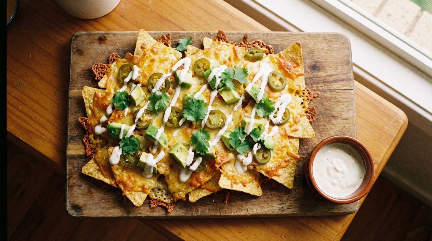 Loaded nachos on a rustic wooden board topped with melted cheese, jalapenos, diced avocado, coriander, and lime crema, seasoned with Chooki's Vinegar Chicken Salt