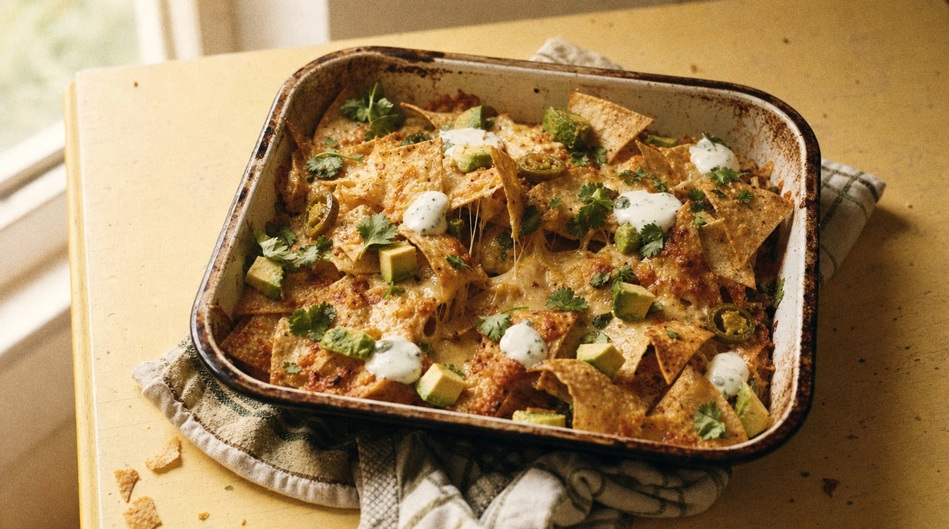 Loaded nachos with melted cheese, lime crema and vinegar chicken salt - Chooki's Vinegar Chicken Salt party recipe