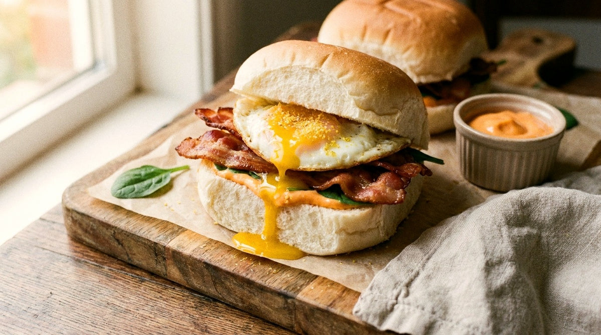 Bacon and egg roll with a runny yolk and Chooki's Vinegar Chicken Salt on a wooden board