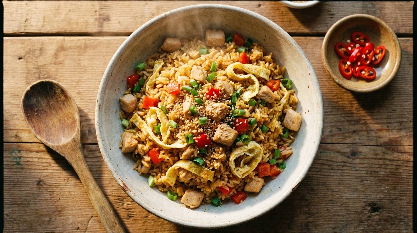 Bowl of chicken fried rice with egg ribbons spring onions and red capsicum seasoned with Chooki Chilli Chicken Salt