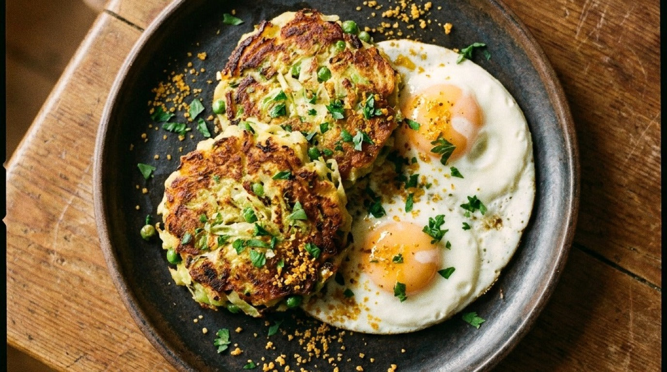 Bubble and squeak cakes with fried eggs seasoned with Chooki's Original Chicken Salt