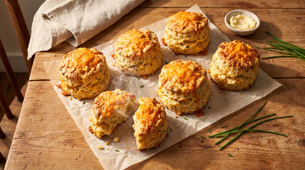 Golden cheesy corn and chive scones on baking paper, seasoned with Chooki's Original Chicken Salt