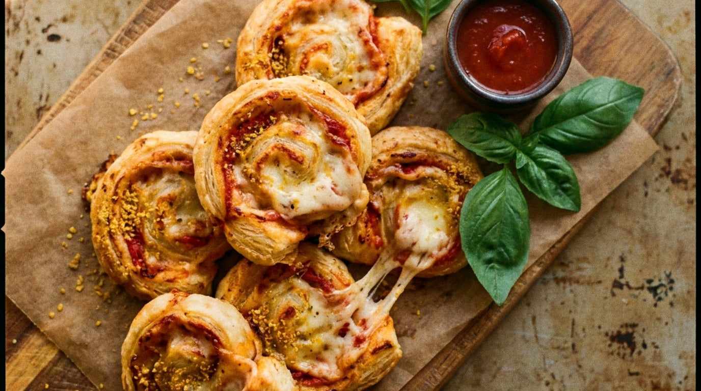 Golden puff pastry pizza scrolls with melted cheese and Chooki's Original Chicken Salt on a wooden board with tomato sauce and basil