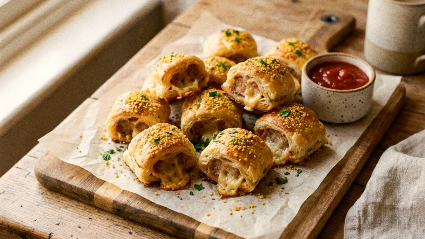 Golden flaky sausage roll bites seasoned with Chooki's Original Chicken Salt on a wooden board with tomato relish