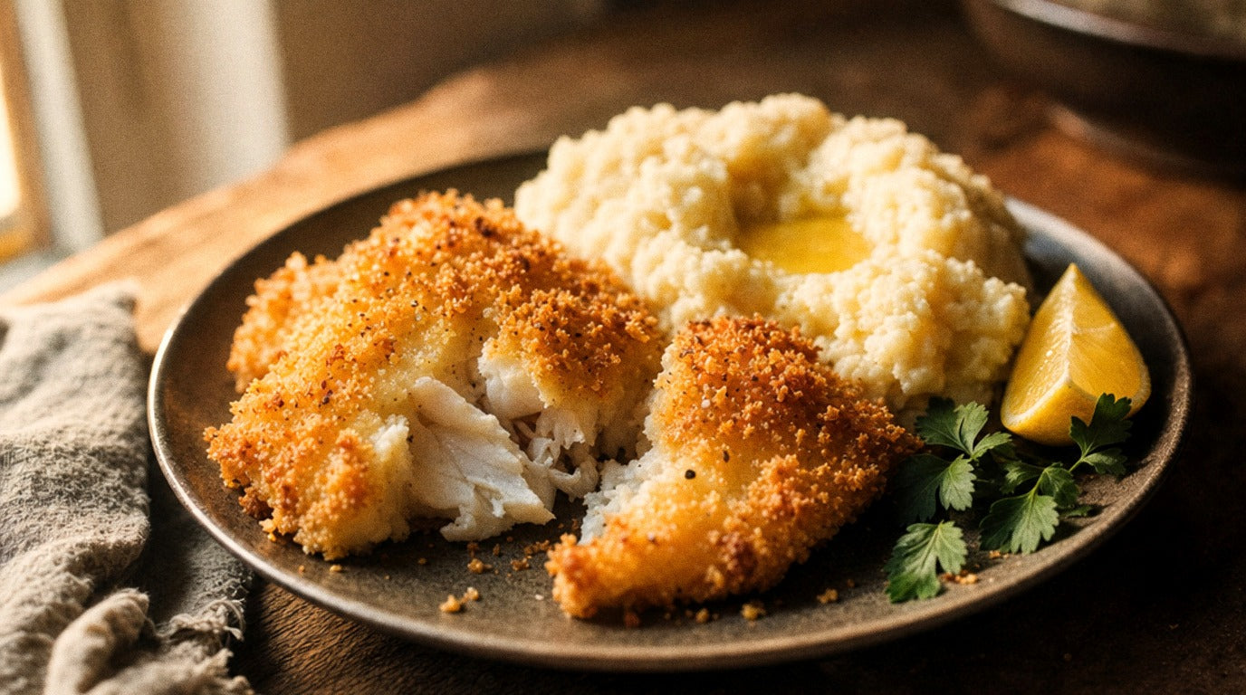 Golden crumbed flathead fillets seasoned with Chooki's Original Chicken Salt served with creamy lemon butter mash and a lemon wedge