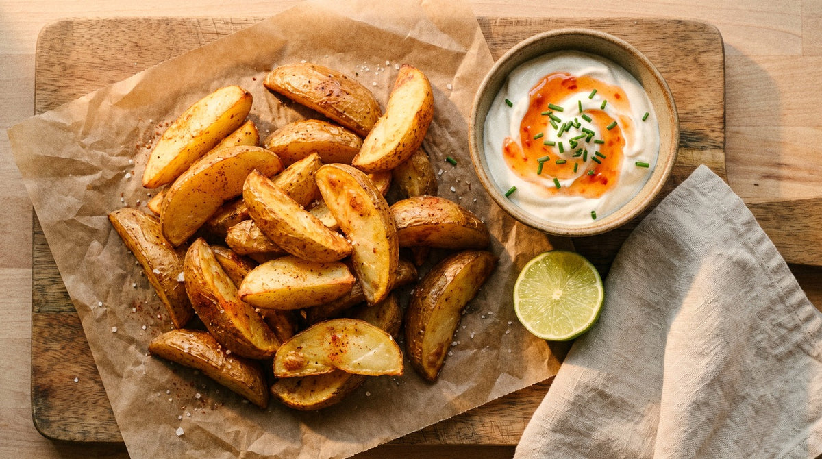 Crispy potato wedges seasoned with Chooki's Original Chicken Salt beside a bowl of sweet chilli sour cream on a wooden board