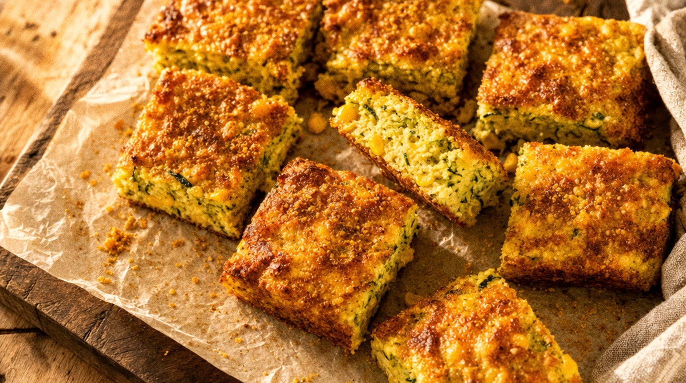 Golden zucchini and corn slice cut into squares on baking paper, seasoned with Chooki's Original Chicken Salt