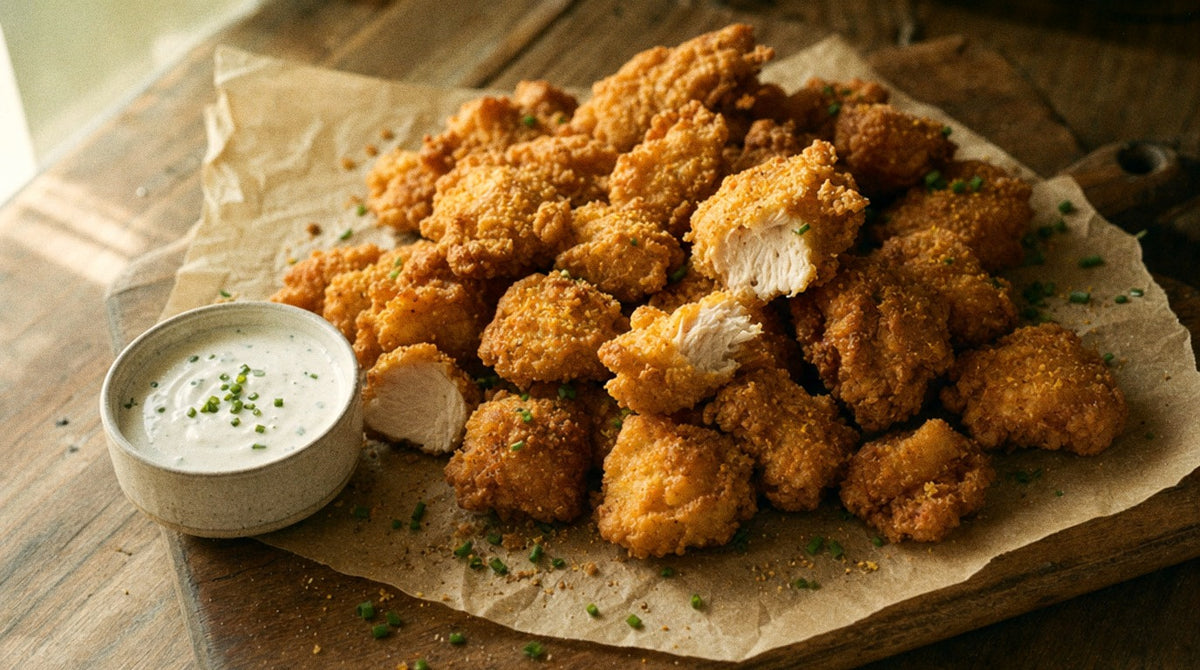 Golden crispy popcorn chicken pieces on baking paper with a ramekin of chive ranch, seasoned with Chooki's Original Chicken Salt