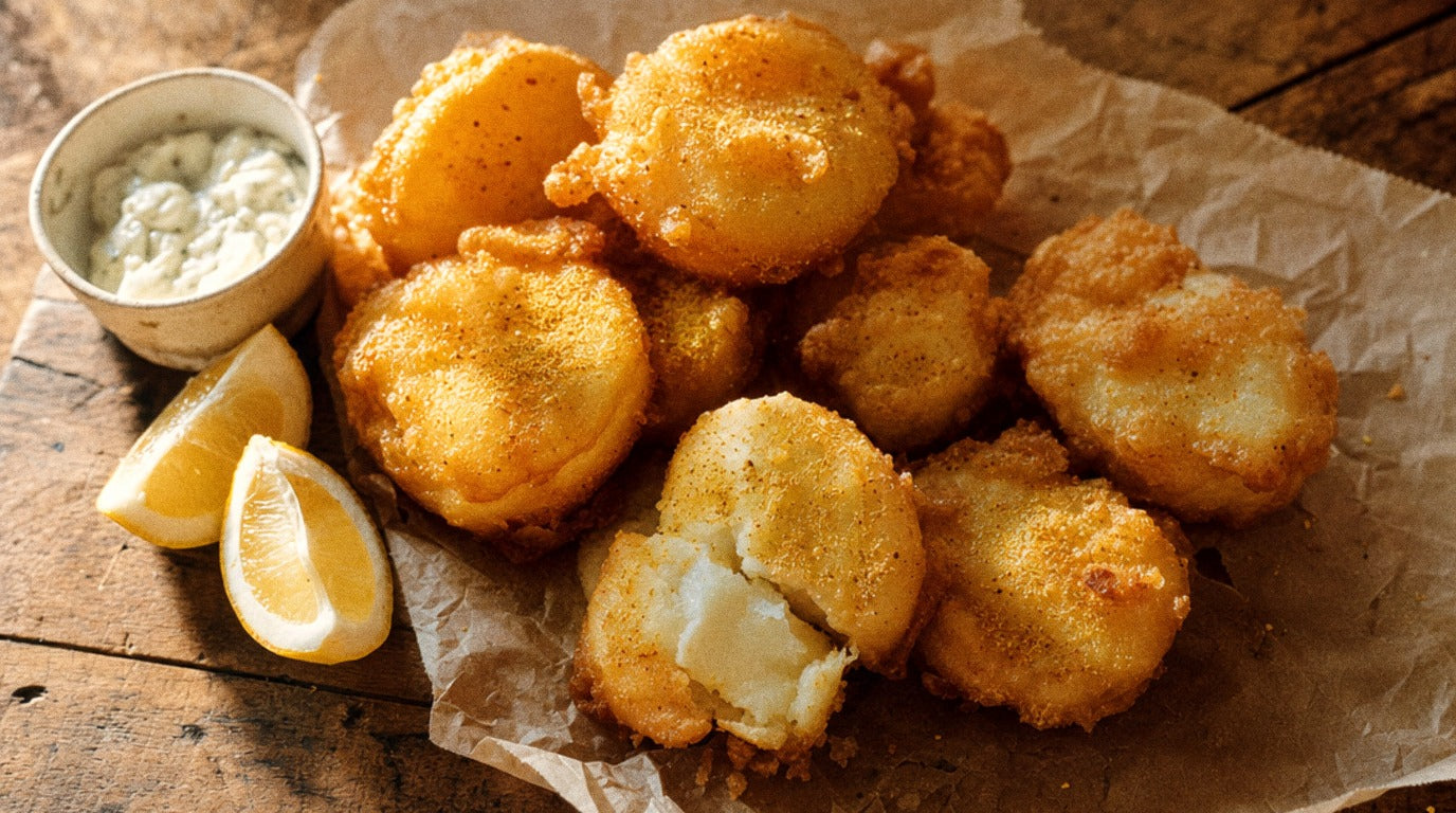 Golden battered potato scallops on butcher's paper with Chooki's Original Chicken Salt, tartare sauce and lemon wedges