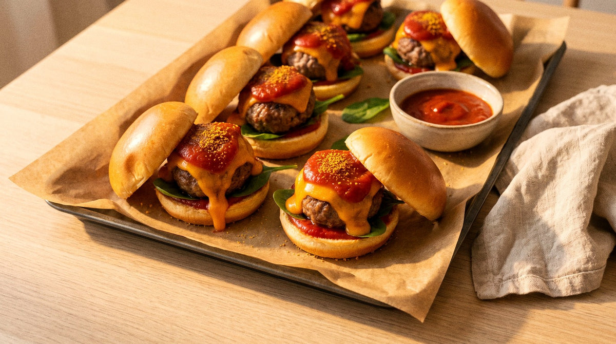 Meatball sliders with melted cheddar, tomato sauce and spinach seasoned with Chooki's Original Chicken Salt on a baking tray