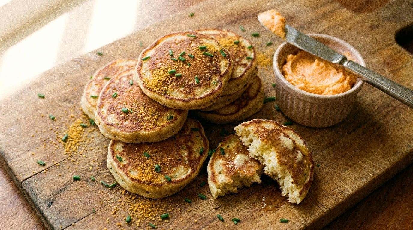 Stack of golden savoury pikelets seasoned with Chooki's Original Chicken Salt on a wooden board with whipped cheddar butter