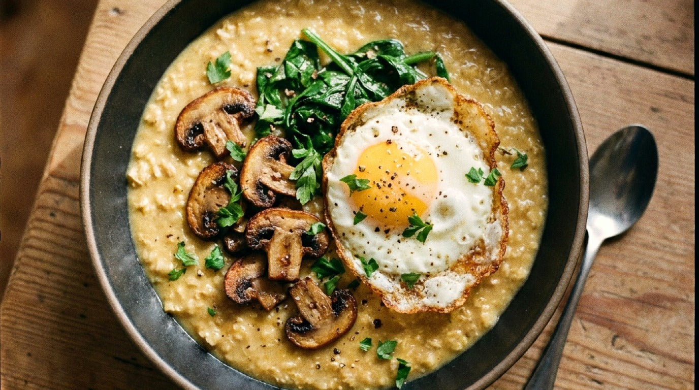 Savoury oat porridge with crispy mushrooms and Chooki's Original Chicken Salt