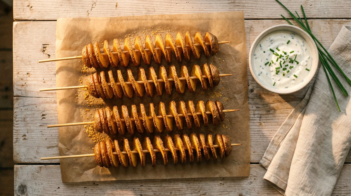 Spiral-cut twisted potato skewers seasoned with Chooki's Original Chicken Salt beside a bowl of garlic chive dip on a wooden table