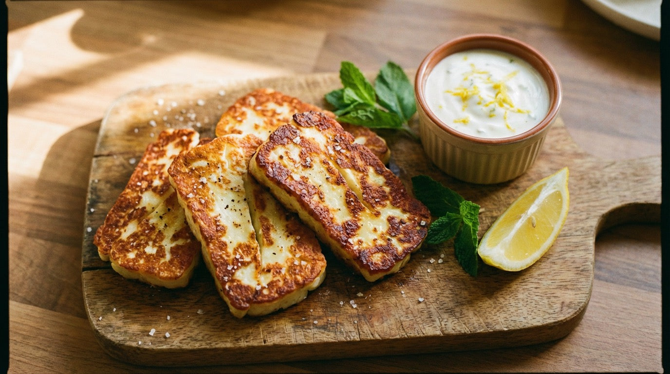 Crispy pan-fried halloumi slabs seasoned with Chooki's Zest Chicken Salt on a rustic wooden board with lemon yoghurt dip and fresh mint