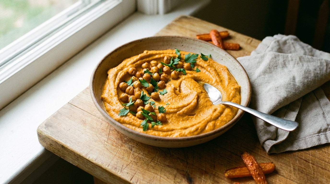 Roast carrot dip topped with crunchy chickpeas and parsley, seasoned with Chooki's Chilli Chicken Salt in a shallow bowl