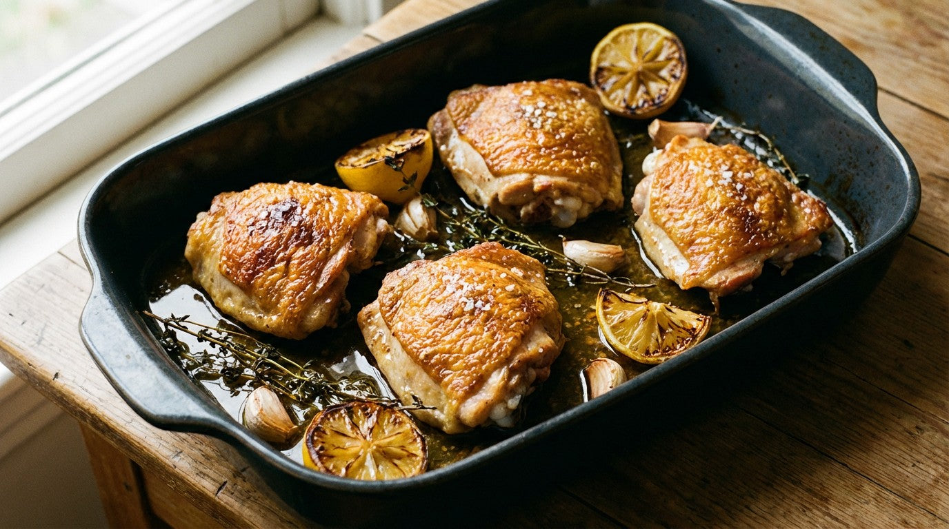 Bone-in roast chicken thighs with crispy skin in a ceramic baking dish, seasoned with Chooki's Original Chicken Salt
